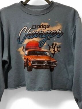 Cropped Dodge Charger Graphic Crewneck Sweatshirt - Dusty Blue with Orange Car
